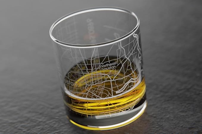 Well Told Engraved Houston Texas Map Rocks Glass, Old Fashioned Whiskey Glass (11 oz, Clear) Etched Whiskey Glass, Gifts For Whiskey Lovers