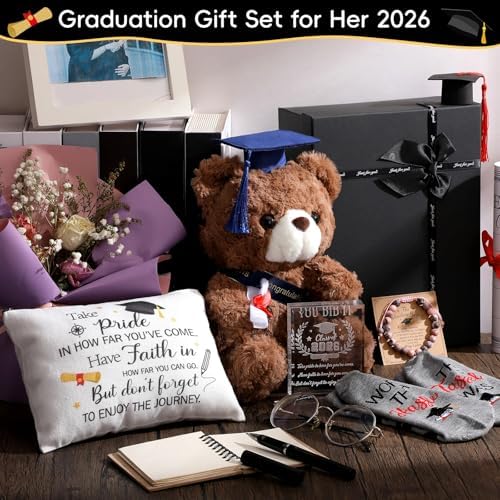 Baderke Graduation Gift Set for Her 2026 Meaningful Congrats Grad Gifts with Compass Bracelet, Memory Bear, Keepsake Plaque, Socks and Makeup Bag for High School or College Graduate(White) - Image 2