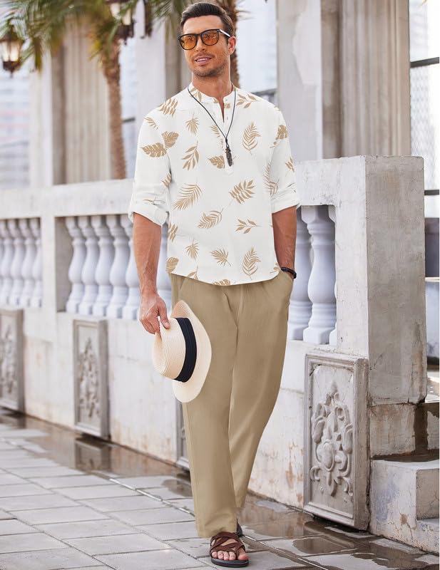 COOFANDY Men’s 2 Piece Cotton Linen Set Casual Beach Outfits Long Sleeve - Image 3