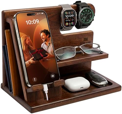 TESLYAR Wood Phone Docking Station for Men - Desktop or Nightstand Organizer - Birthday Gifts for Men, Dad - Anniversary Idea from Wife - Key Holder, Stand Wallet, Watch & Essentials (Bourbon Brown) by TESLYAR