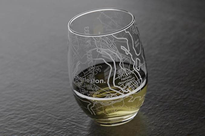 Well Told Engraved Charleston South Carolina Map Stemless Wine Glass, Etched Glassware (15 oz, Clear) City Map Gift, Custom Barware, Gifts for Wine Lovers
