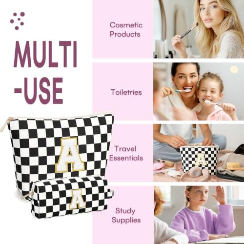 mibasies 2 PCS Initial Makeup Bags for Women: Cosmetic Bag for Travel Toiletry - Birthday Gifts for Teen Girl Gifts Trendy Stuff - Graduation Teacher Gift for Girlfriend -Checkered Black A - Image 4