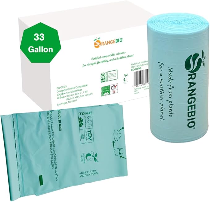 OrangeBio 33 Gallon Home Compostable Yard Waste Bags, 40 Count, 1.1 Mil, Lawn & Leaf Bags US BPI ASTM D6400 and OK Compost Home Certified