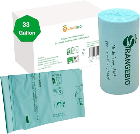 OrangeBio 33 Gallon Home Compostable Yard Waste Bags, 40 Count, 1.1 Mil, Lawn & Leaf Bags US BPI ASTM D6400 and OK Compost Home Certified