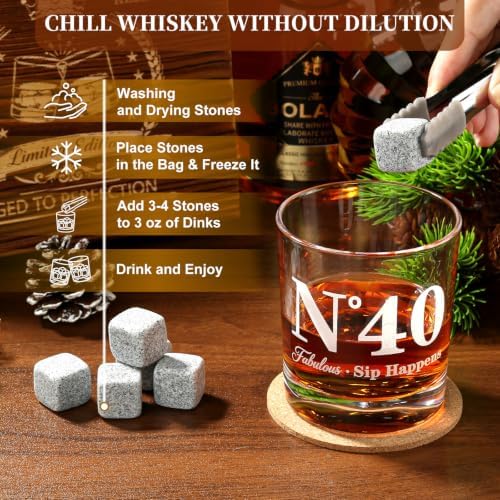 40th Birthday Gifts for Men, Vintage Whiskey Glass Set with Granite Stones - Image 4