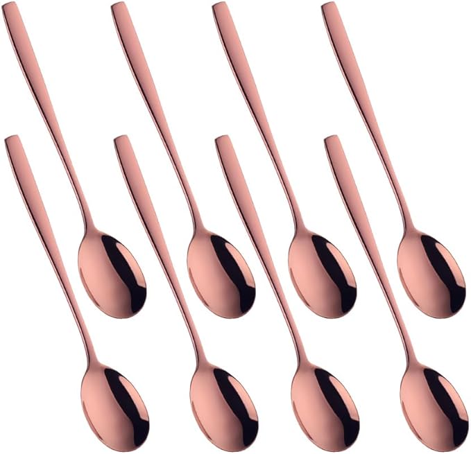 Metal Round Spoons, 8 inch Stainless Steel Reusable Long Handle Korean Soup Spoons, Table Dinner Desert Spoon Set of 8(Rose Gold)