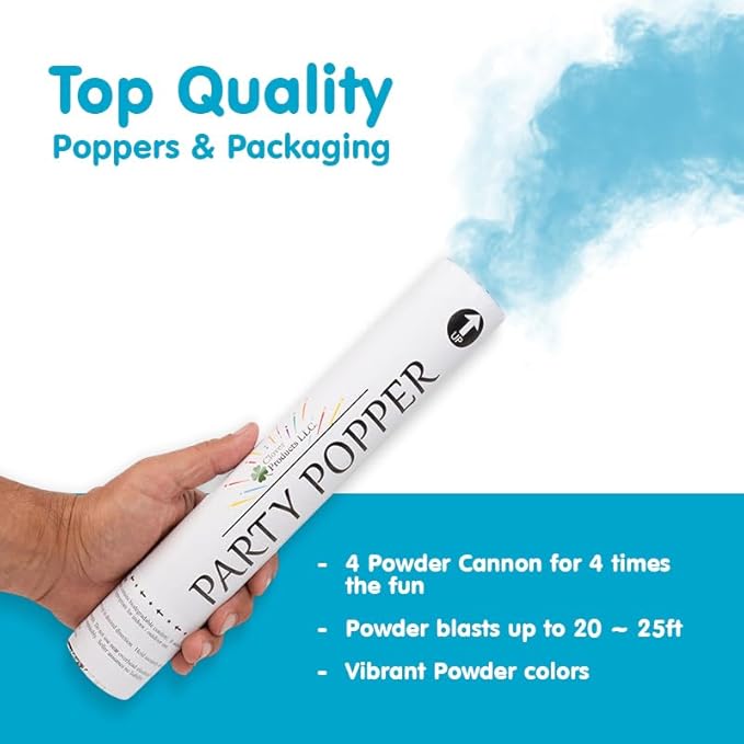 Clover Products Premium Gender Reveal Powder Cannon – 4 Pack Includes 2 Pink & 2 Blue | 12 Inch Gender Reveal Poppers | Compressed Air Powered | Each Box Contains a FREE “It’s a Girl & Boy“ Balloon..