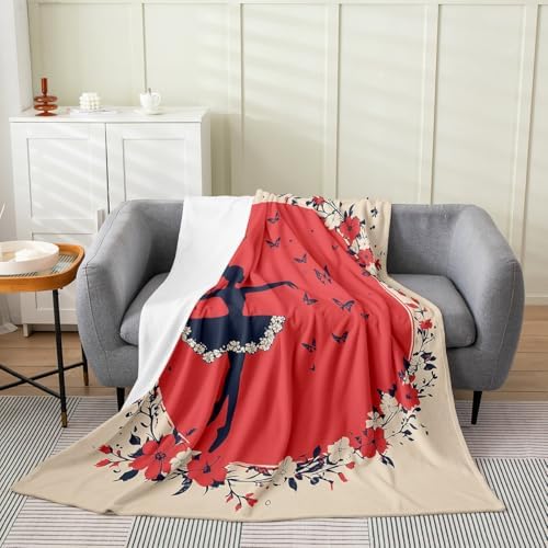 Erosebridal Flowers Flannel Blanket Queen Inch Ballerinas Fleece Blanket Sun Butterfly Silhouette Fuzzy Plush Throw Branch Red Aesthetic Ballet Living Room Decor by Erosebridal