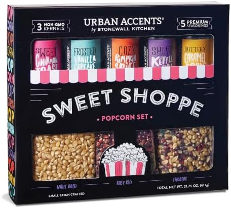 Urban Accents Movie Night Sweet Shoppe Small-Batch Popcorn Gift Set – Includes 3 Gourmet non-GMO Popcorn Kernel Varieties & 5 Flavorful Seasonings – Perfect Snack Gift Box for Parties, Holidays, or Movie Lovers by UrbanAccents