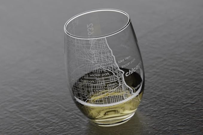 Well Told Engraved Chicago Illinois Map Stemless Wine Glass, Etched Glassware (15 oz, Clear) City Map Gift, Custom Barware, Gifts for Wine Lovers