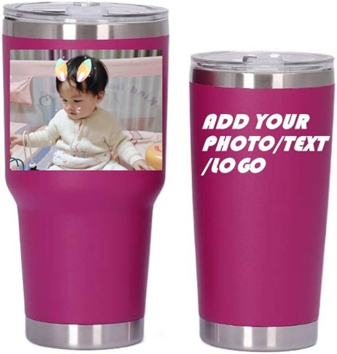 Personalized Photo 20oz 30oz Stainless Steel Tumbler,Custom Coffee Tumbler Cup With Lid And Strawstraw Vacuum Insulated With Text Photo Logo (Rose Red(20oz/30oz))