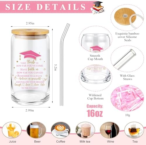 Domensi 6 Pcs Class of 2026 Graduation Gift for Her 16oz Glass Cup Makeup Bag Compass Journal Ballpoint Pens Inspirational Graduation Gift Set for College High School Daughter Sister Friend(Pink) - Image 2