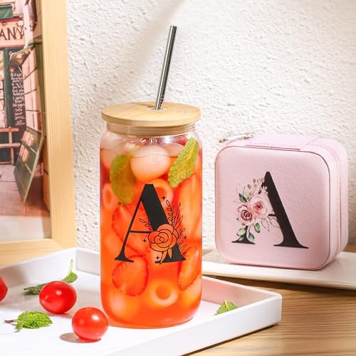 AYGXU Personalized gifts for bridesmaid,16oz glass cups with lid and straw,Jewelry Organizer,Graduation Travel Gifts for Women,Personalized Travel Mini Jewelry Case,Initial J pink - Image 6
