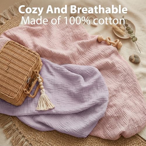 Pro Goleem Muslin Pack n Play Sheets for Girls, Soft Breathable Cotton Fitted Mini Crib Sheets, Baby Sheets for Playard Mattress, 2 Pack (Pink＆Purple) - Image 4