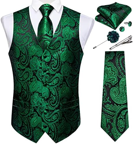 DiBanGu Mens Vest and Tie Set Formal Paisley Waistcoat and Necktie Pocket Square Cufflinks Silk Suit Vest for Tuxedo Wedding by DiBanGu