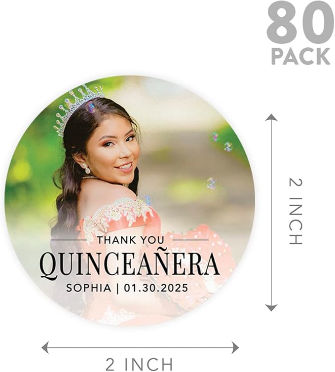 Andaz Press 40-Pack Personalized 2" Round Circle Quinceañera Labels, Thank You Sticker Labels with Custom Photo for Mis Quince Favors, Invitations, XV, 15th Birthday, Quinceanera Decorations