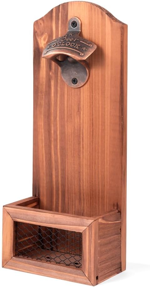 Bottle Opener with Cap Collector Catcher,Vintage Wooden Wall Mounted Bottle Opener，Ideal Gift for Men and Beer Lovers, Use as Bar Decoration (Beer O'Clock)
