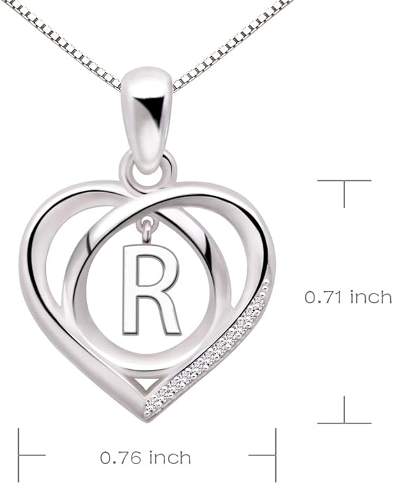 ALOV Jewelry Sterling Silver Initial Letter Alphabet Love Heart Cubic Zirconia Pendant Necklace