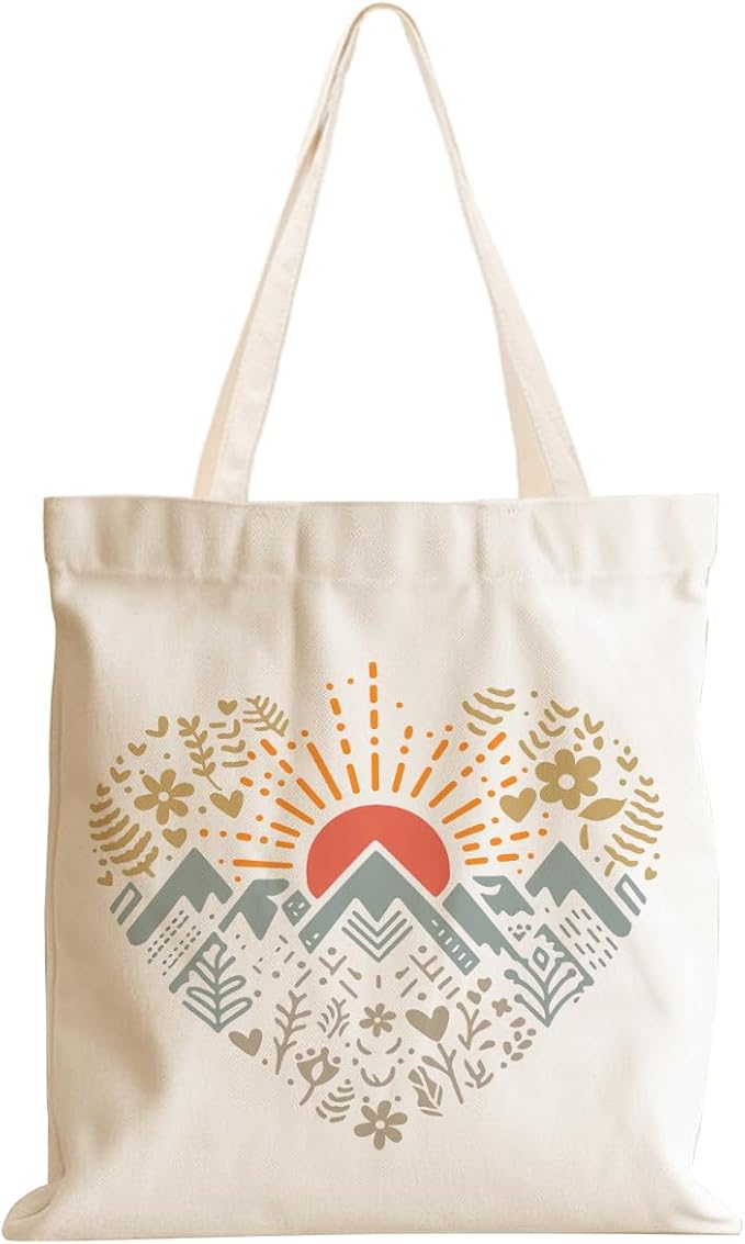 jeilink Cute Mountain Adventure Sunshine Canvas Tote Bag Camping Gifts Weekender Grocery Bags for Women Girls