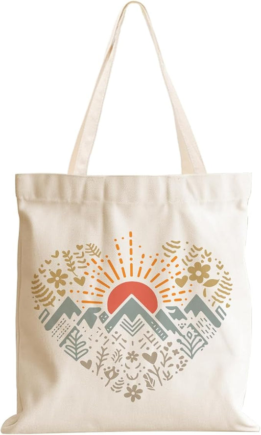 jeilink Cute Mountain Adventure Sunshine Canvas Tote Bag Camping Gifts Weekender Grocery Bags for Women Girls