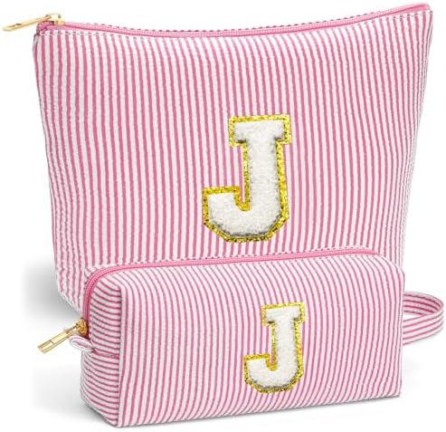Travel Essentials - Portable Travel Toiletry Bag for Women, Initial Makeup Kit Organizer Make up Cosmetic Bag Set Pink Stuff Birthday Gifts for Women Daughter Mom, Pink Letter J by Fohufo