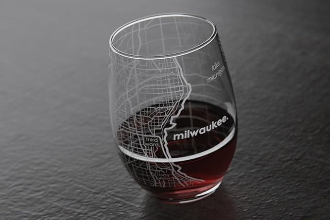 Well Told Engraved Milwaukee Wisconsin Map Stemless Wine Glass, Etched Glass (15 oz, Clear) City Custom Gifts for Lovers