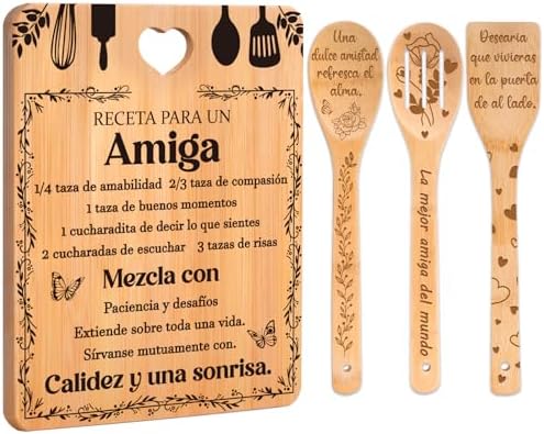 Regalos de cumpleaños para Amiga - "Receta para una Amiga especial". Juego de tablas de cortar y utensilios de bambú grabados. Regalos de cumpleaños para Amiga. Spanish Friend Cutting Board by Apjielop-GiftsMaster
