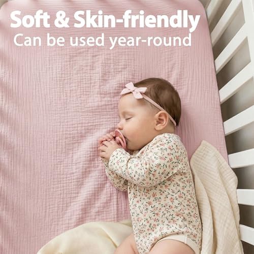 Muslin Pack and Play Sheet, 100% Cotton Playard Sheet (42"x24"), Breathable & Soft Mattress Pad Cover, Boho Pink for Girls(1 Pack) - Image 4