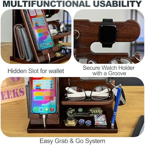 TESLYAR Wood Phone Docking Station for Men - Desk or Nightstand Organizer - Birthday Gifts for Husband, Dad - Anniversary Idea from Wife - Key Holder, Stand Wallet, Watch, Essentials (Chocolate Brown) - Image 4