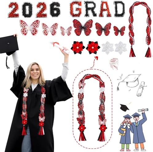 Class of 2026 Graduation Leis,Black&Red Double Ribbon Lei Set,Handmade Butterfly Flower Accessory,Graduation Gift for Her Him - Image 4
