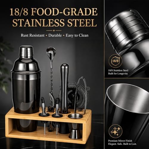 Black Cocktail Shaker Set, Premium 18/8 Stainless Steel Mixology Bartender Kit with Stylish Bamboo Stand 10-Piece Bar Tools & Accessories for Home Bar for Men, Dad, Husband - Image 3
