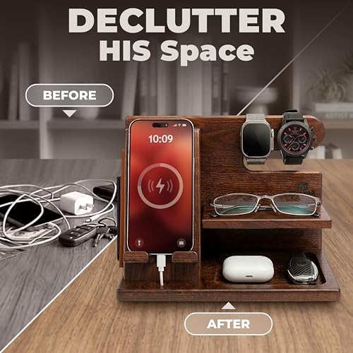 TESLYAR Wood Phone Docking Station for Men - Desktop or Nightstand Organizer - Birthday Gifts for Men, Dad - Anniversary Idea from Wife - Key Holder, Stand Wallet, Watch & Essentials (Bourbon Brown) - Image 2