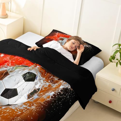 Erosebridal Soccer Print Kids Bedding | 3D Football Pattern Queen Comforter Sets,Red Flame Soccer Comforter Sports Games Duvet Insert with 2 Pillow Cases - Image 4