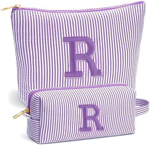 Initial Makeup Bag Set for Women - Personalized Travel Pouch, Portable Cosmetic Bag Make up Kit Pouch | Travel Essentials Cute Makeup Bag Birthday Gifts for Women, Purple Letter R by Fohufo