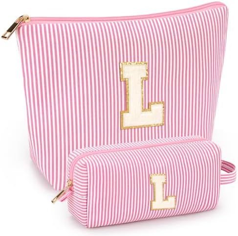 2 PCS Initial Makeup Bags for Women: Cosmetic Bag for Travel Toiletry - Birthday Gifts for 11 12 13 14 15 16 17 18 Years Old Girl Graduation Teacher Gift- Teen Girl Gifts Trendy Stuff - Pink L by mibasies