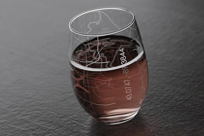 Well Told Engraved Madison Wisconsin Map Stemless Wine Glass, Etched Glass (15 oz, Clear) City Custom Gifts for Lovers