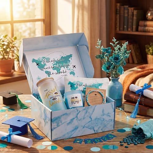 Potchen 7 Pcs Graduation Gifts for Girl Her Class of 2026 College High Graduation Gifts Box Set with 16oz Glass Cup Cosmetic Bag Bracelet Scented Candle with Box for Women Daughter Friend(Green) - Image 3