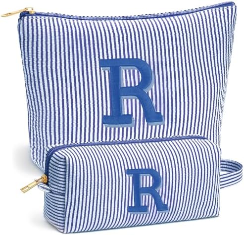 Initial Makeup Bag Set for Women - Personalized Travel Pouch, Portable Cosmetic Bag Make up Kit Pouch | Travel Essentials Cute Makeup Bag Birthday Gifts for Women, Blue Letter R by Fohufo