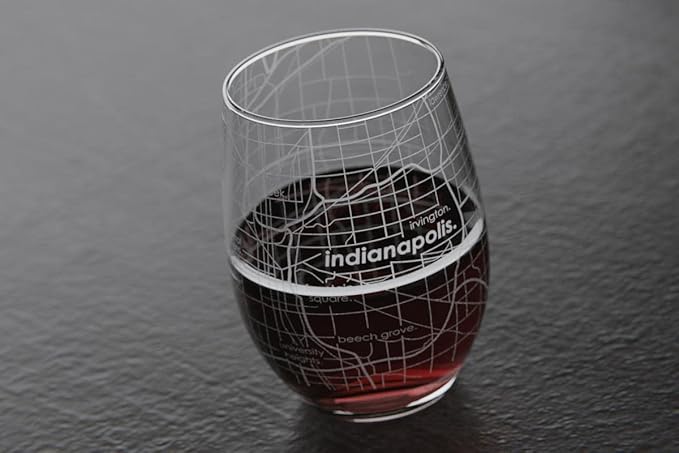 Well Told Engraved Indianapolis Indiana Map Stemless Wine Glass, Etched Glass (15 oz, Clear) City Custom Gifts for Lovers