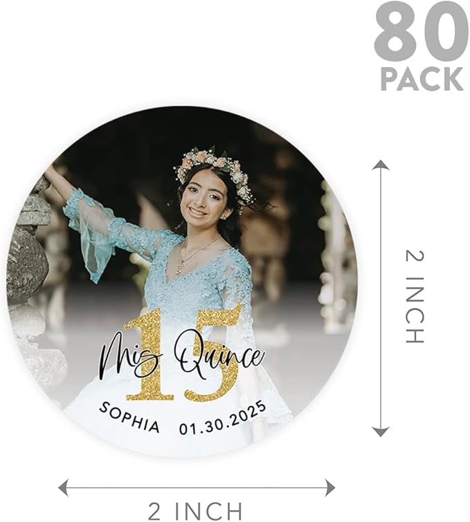 Andaz Press 40-Pack Personalized 2" Round Circle Quinceañera Labels, Mis Quince Sticker Labels with Custom Photo for Quince Años Favors Invitations XV, 15th Birthday Quinceanera Decorations