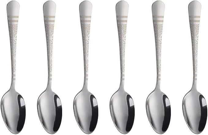 Silver Unique Pattern Design Coffee Espresso Spoons Mini, Mingcheng Stainless Steel Small Teaspoons Silverware Set of 6, BISDARUN 5.5 Inches Food Spoons for Demitasse Dessert Tea