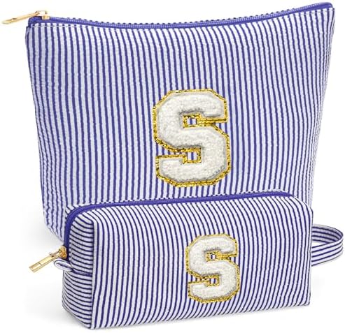 Travel Cute Makeup Bag Set - Make up Cosmetic Bag for Women, Small Makeup Bag for Purse Makeup Kit | Blue Stuff Birthday Gifts for Women Travel Essentials, Blue Letter S by Fohufo