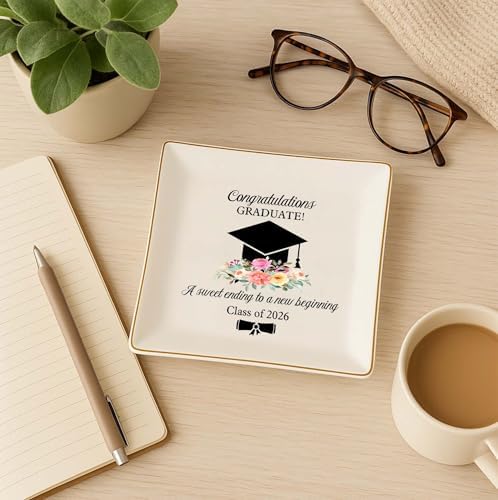 Graduation Gift for Her 2026 – Cap & Flowers Graduate 4" Ceramic Jewelry Dish – Class of 2026 Gift for Daughter, Sister, Friend– High School, College or University Graduate Keepsake Jewelry Tray Gifts - Image 6