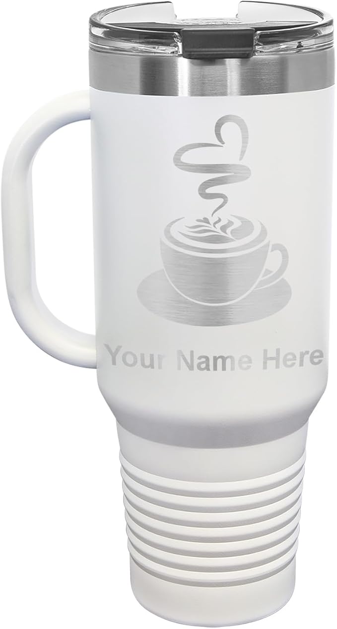LaserGram 40oz Vacuum Insulated Travel Mug with Handle, Cup of Coffee, Personalized Engraving Included (White)