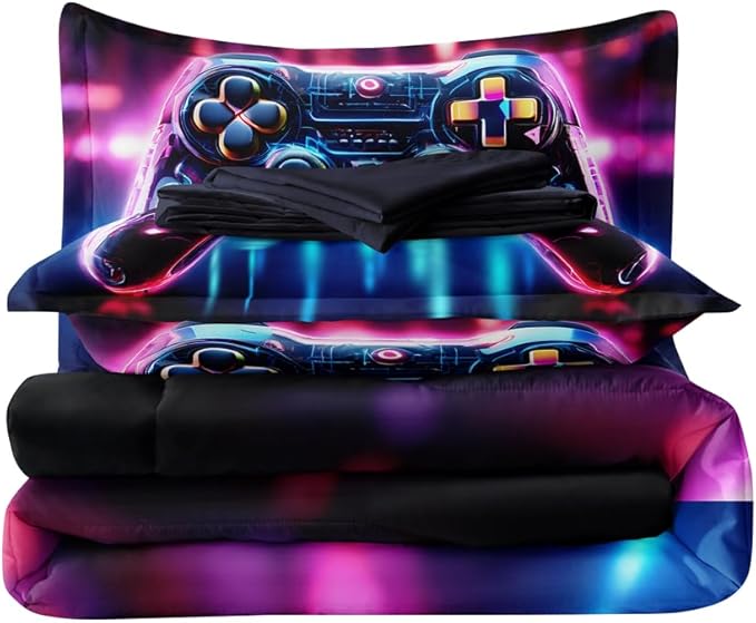 5PCS Gaming Comforter Sets Queen,Gaming Bedding Set for Boys Teens Kids,Game Controller Bed in a Bag with Flat Sheet Fitted Sheet Pillowcase,Queen Comforter Set for Boys