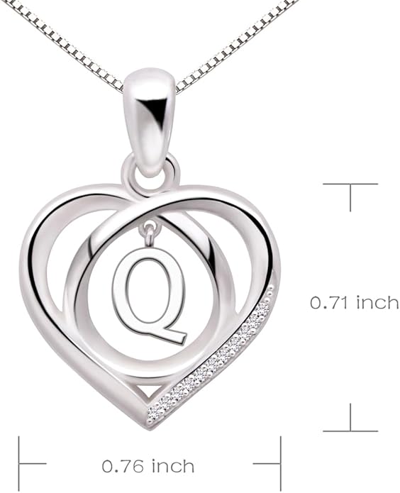 ALOV Jewelry Sterling Silver Initial Letter Alphabet Love Heart Cubic Zirconia Pendant Necklace