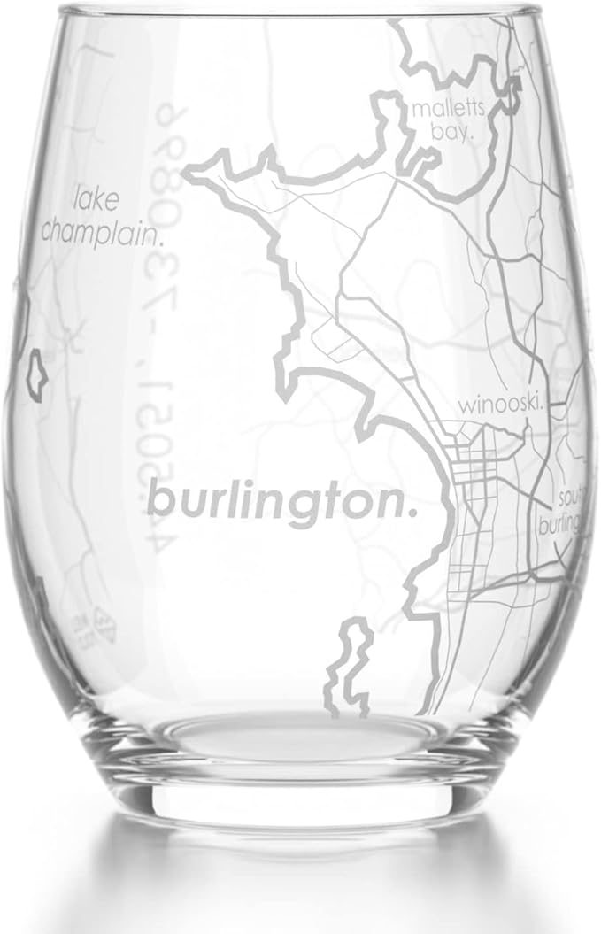 Well Told Engraved Burlington Vermont Map Stemless Wine Glass, Etched Glass (15 oz, Clear) City Custom Gifts for Lovers