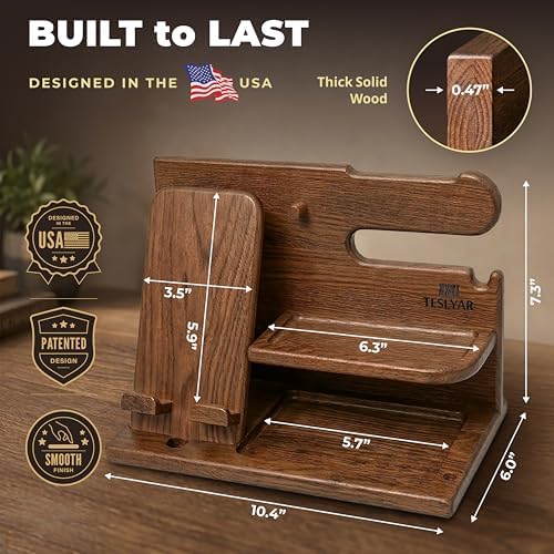 TESLYAR Wood Phone Docking Station for Men - Desk or Nightstand Organizer - Birthday Gifts for Husband or Dad - Anniversary Idea from Wife - Key Holder, Stand Wallet, Watch & Essentials (Earth Beige) - Image 5