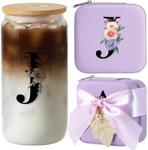 AYGXU Birthday Gifts for Women - Drinking Glass with Bamboo Lids and Straw, Iced Coffee Travel Jewelry Case, Small Jewelry Organizer Box, Initial J (Purple) by AYGXU