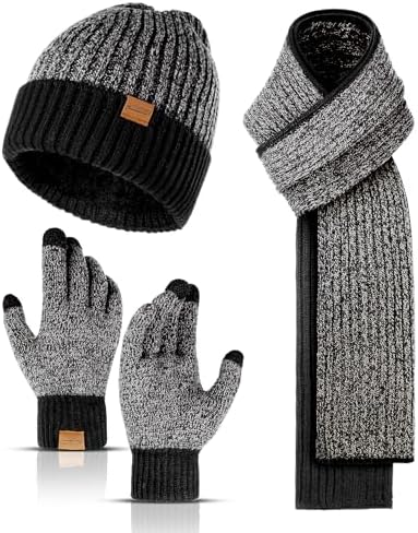 Winter Beanie Hats Long Neck Scarf for Men and Touchscreen Gloves 3PCS Set by HONNESSERRY